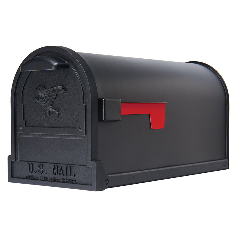 Post-mounted rural mailbox by Emery Jensen, black T2ARLTN model, with a classic design for outdoor residential mail delivery.