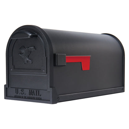 Post-mounted rural mailbox by Emery Jensen, black T2ARLTN model, with a classic design for outdoor residential mail delivery.