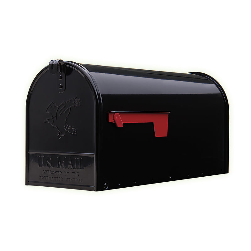 Post-mounted rural mailbox by Emery Jensen, T2Elite BL model, with a sleek black finish and durable metal construction.