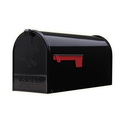 Post-mounted rural mailbox by Emery Jensen, T2Elite BL model, with a sleek black finish and durable metal construction.