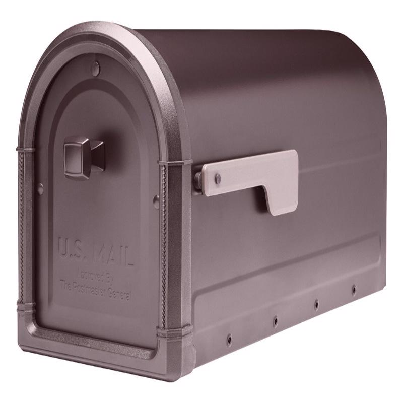 Emery Jensen Roxbury post-mounted mailbox in bronze finish, with a traditional design and front door for secure mail delivery.