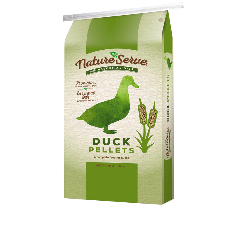 Feedy pellets for ducks in a 40lb bag, poultry feed by Emery Jensen, showing the pellet texture and packaging.