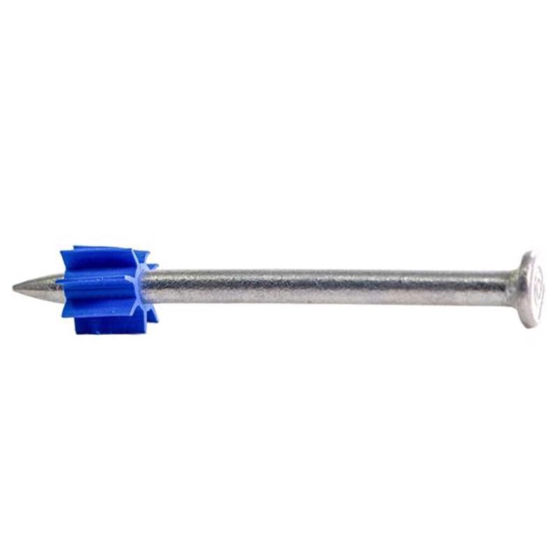 Steel drive pin by Emery Jensen, 2-1/2 inch powder drive pin for fastening applications, shown in close-up.