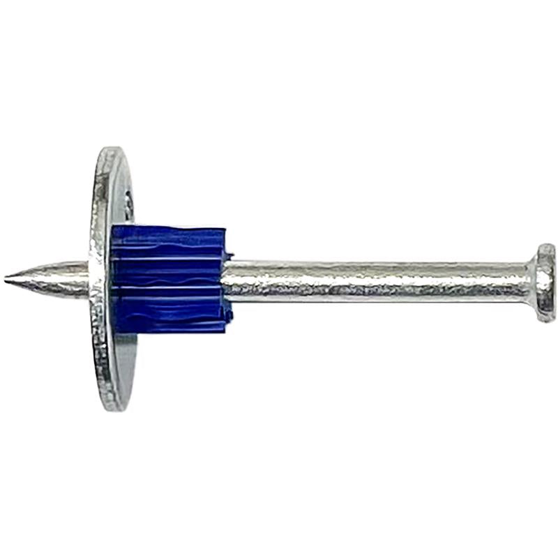 Emery Jensen powder drive pin with washer, 2-inch length, for load securing or fastening applications, shown in the image.