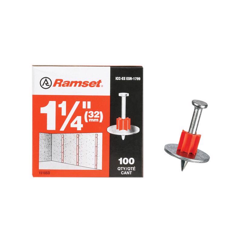 Emery Jensen powder drive pin with washer, 1-1/4 inch length, heavy-duty load pin for secure fastening and industrial applications.