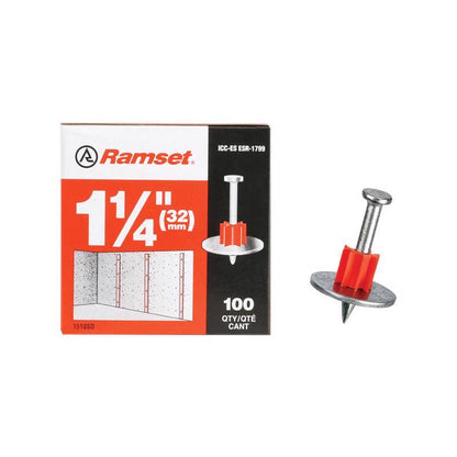 Emery Jensen powder drive pin with washer, 1-1/4 inch length, heavy-duty load pin for secure fastening and industrial applications.