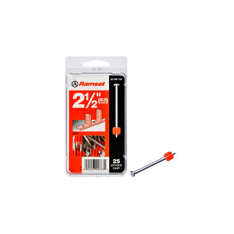Emery Jensen POWR HAMMR 2-1/2-inch powder drive pins, 25-pack, used for fastening and load applications.