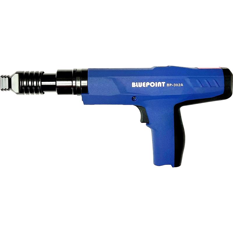 Emery Jensen powder drive tool, 13-3/4-inch powder actuated tool for fastening applications, shown with its rugged construction and grip