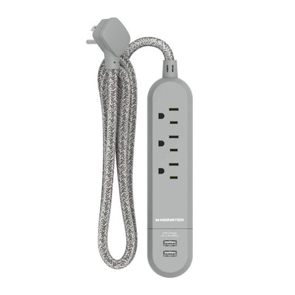 POWER STRP 3OUT 2USB GRY