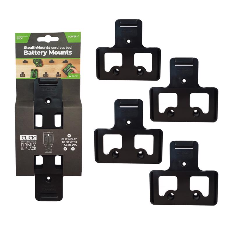 Emery Jensen battery holder mount 4-pack for power tools, durable plastic clips for secure battery attachment.