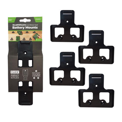 Emery Jensen battery holder mount 4-pack for power tools, durable plastic clips for secure battery attachment.