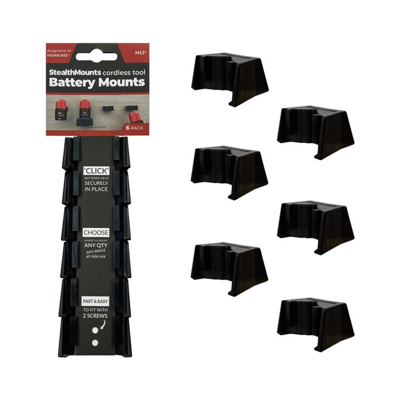 Set of six black Emery Jensen HOLDR battery mounts for power tools, designed for secure battery attachment and replacement.