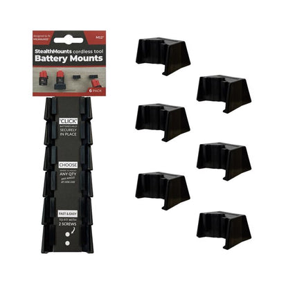 Set of six black Emery Jensen HOLDR battery mounts for power tools, designed for secure battery attachment and replacement.