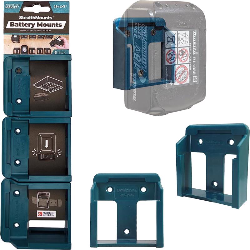 Emery Jensen HOLDR battery mounts in blue, 6-pack, for power tools, made of durable plastic, arranged in a row.