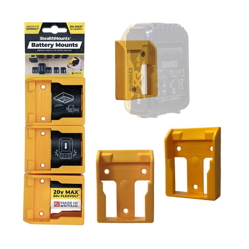 Emery Jensen HOLDR battery mounts yellow 6-pack for power tools, durable plastic and secure attachment, replacement parts.