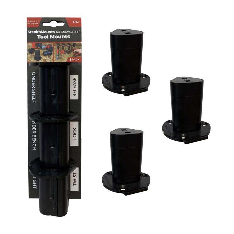Set of three black ABS tool holders for power tools, by Emery Jensen, designed for secure accessory storage.
