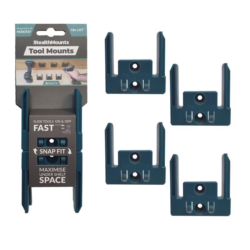 Blue ABS power tool holder set by Emery Jensen, 4-pack for organizing and securing tools and accessories.