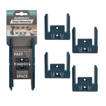 Blue ABS power tool holder set by Emery Jensen, 4-pack for organizing and securing tools and accessories.