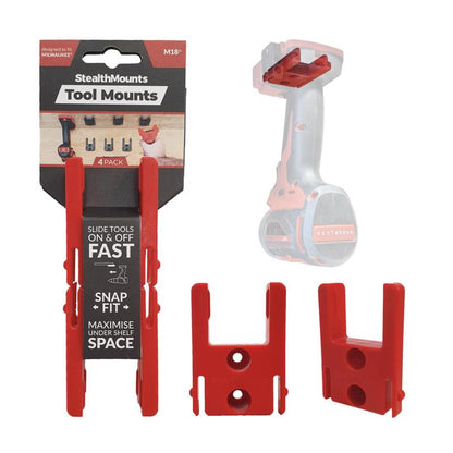 Set of four Emery Jensen ABS red tool holders for power tools, durable and versatile accessory storage.