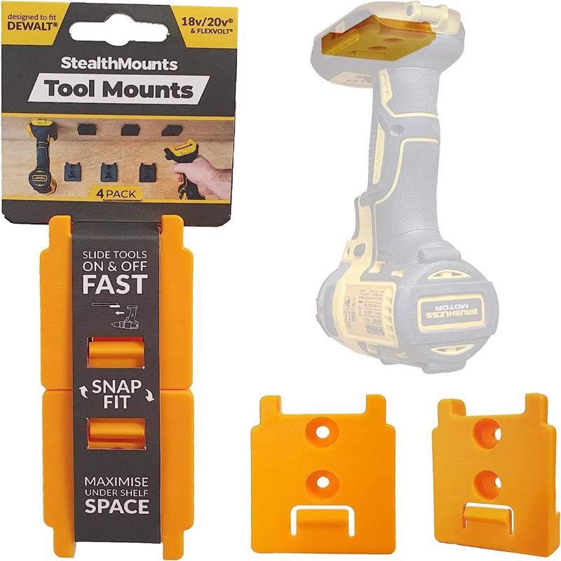 Yellow ABS tool holder set by Emery Jensen, four-piece power tool accessories for organizing and securing tools.
