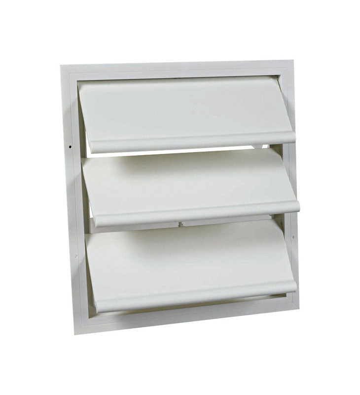 White Shutter Gable Auto Power Vent by Emery Jensen, showing the vent's shutters and mounting frame for attic ventilation.