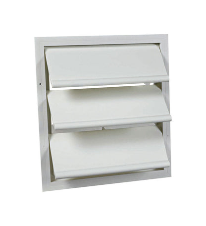 White Shutter Gable Auto Power Vent by Emery Jensen, showing the vent's shutters and mounting frame for attic ventilation.