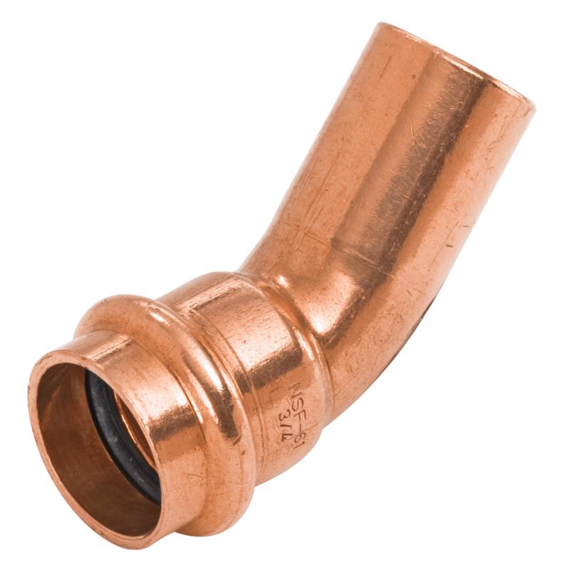 Copper 45-degree elbow fitting, 3/4 inch, pre-soldered by Emery Jensen, used for plumbing and pipe connections.