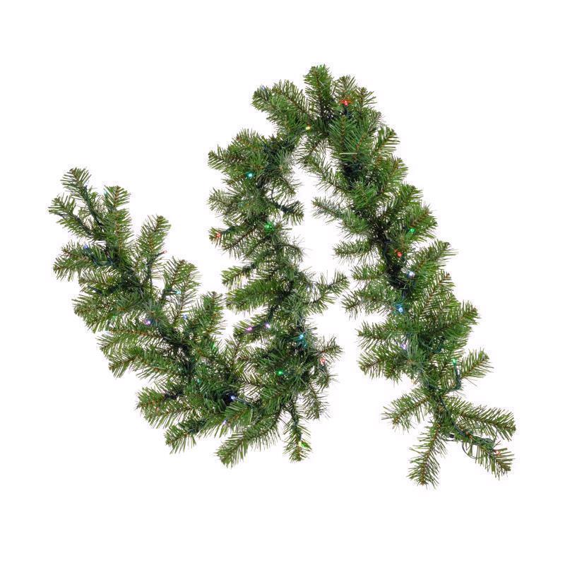 Emery Jensen Brilliant Lit 9-foot prelit garland with warm white lights and lush green pine branches for holiday decoration.
