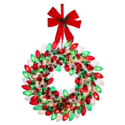 Multicolor C9 bulb wreath from Emery Jensen prelit wreaths, showing vibrant string lights on a festive holiday wreath.