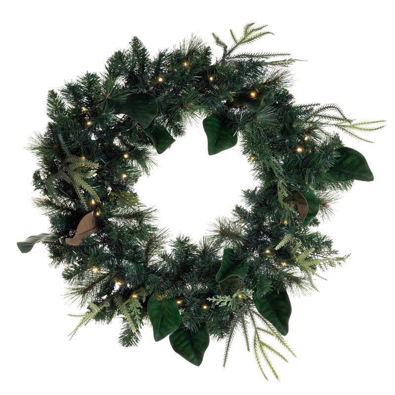 Set of four Emery Jensen 30-inch prelit wreaths with integrated batteries, ideal for festive holiday decorating.