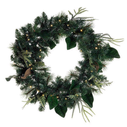 Set of four Emery Jensen 30-inch prelit wreaths with integrated batteries, ideal for festive holiday decorating.