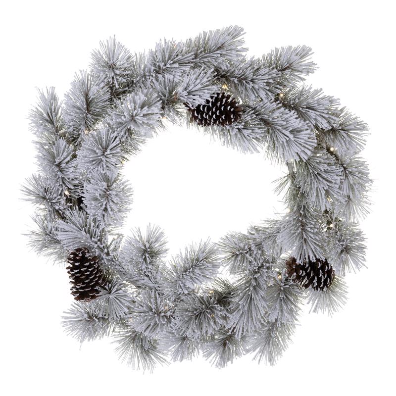 Emery Jensen prelit wreaths with snowy pine design, 30-inch size, pack of 4, ideal for festive holiday decorations.