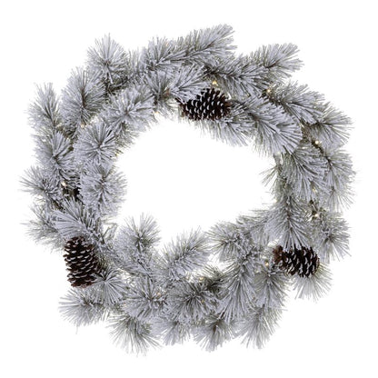 Emery Jensen prelit wreaths with snowy pine design, 30-inch size, pack of 4, ideal for festive holiday decorations.