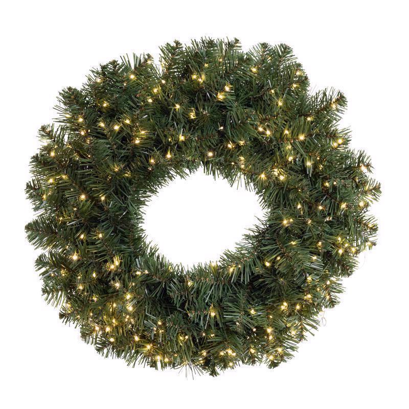 Set of four Emery Jensen 24-inch prelit white wreaths, decorative holiday wreaths with built-in lights for festive decor.