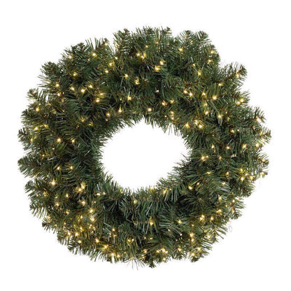 Set of four Emery Jensen 24-inch prelit white wreaths, decorative holiday wreaths with built-in lights for festive decor.
