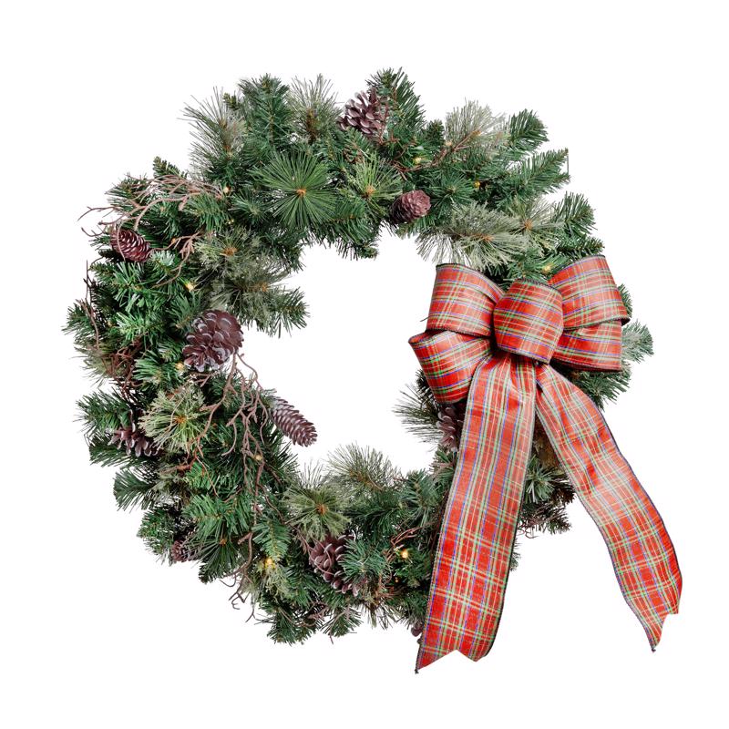 Set of four Emery Jensen prelit pine wreaths with bows, ideal for holiday decor, featuring warm lights and festive greenery.