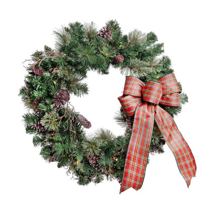 Set of four Emery Jensen prelit pine wreaths with bows, ideal for holiday decor, featuring warm lights and festive greenery.