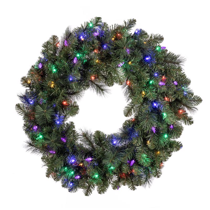 Two 36-inch Emery Jensen prelit LED pine wreaths with multicolor lights, perfect for holiday decorating.