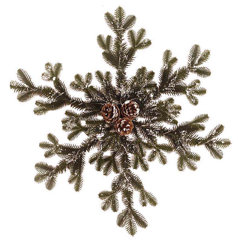 Emery Jensen prelit Pine Snowflake wreath featuring evergreen branches and decorative snowflake accents for holiday decor.