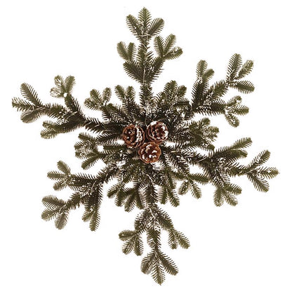 Emery Jensen prelit Pine Snowflake wreath featuring evergreen branches and decorative snowflake accents for holiday decor.