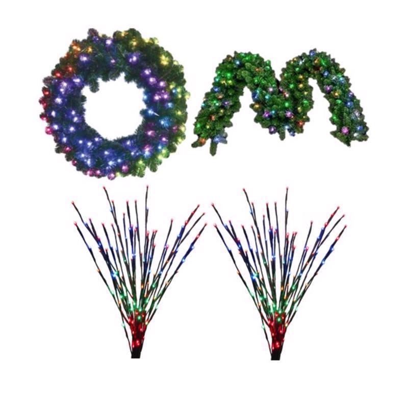 Emery Jensen prelit wreath with RGBW LED lights, decorative entry wreath for seasonal outdoor decor, featuring vibrant illumination.