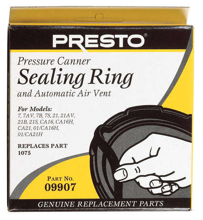 Emery Jensen Seal Ring Plug&Vent 9907 for pressure cooker parts, with a close-up of the black rubber seal and vent components.