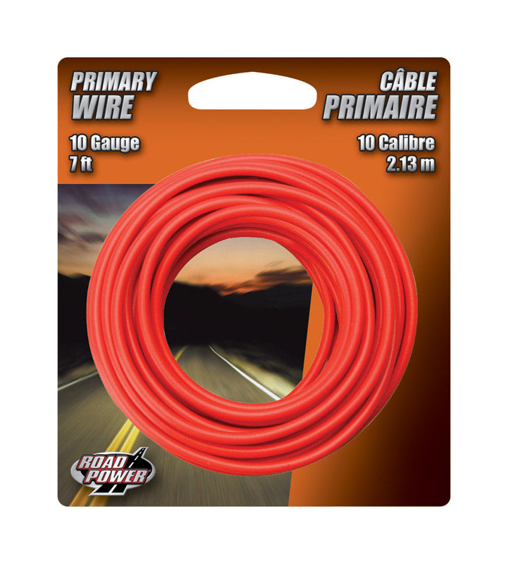 Emery Jensen 10GA primary red wire, 7-foot length, packaged on a card, used for electrical projects and wiring installations.