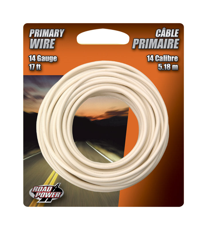 White 14-gauge primary wire from Emery Jensen, 17 feet long, shown on a card for electrical or wiring applications.