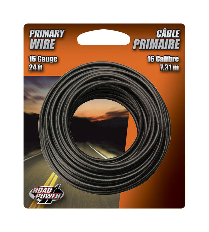 Black 16-gauge primary wire from Emery Jensen, 24 feet long, shown on a card for electrical wiring applications.