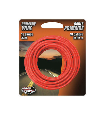 Emery Jensen 18GA 33' red primary wire on a card, insulated copper wire for electrical projects.