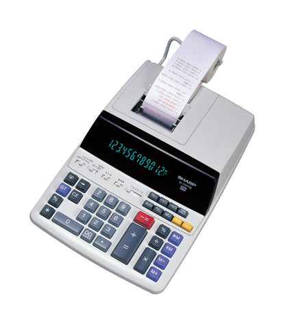 Emery Jensen CALCULTR OFFWHT 12-digit printing calculator with white body and large digital display for accurate calculations.