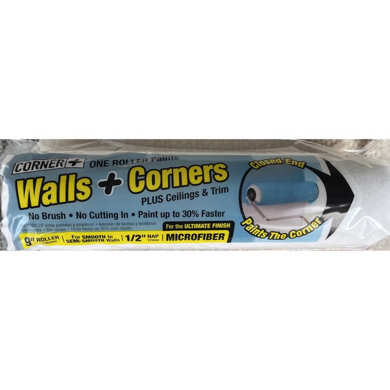 White corner and roller cover by Emery Jensen, professional rollers measuring 9x1/2 inches for painting projects.