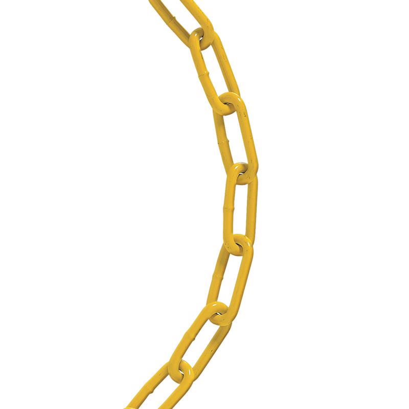 Yellow chrome proof coil chain by Emery Jensen, 100 feet length, durable metal chain with proof coating visible in the image.