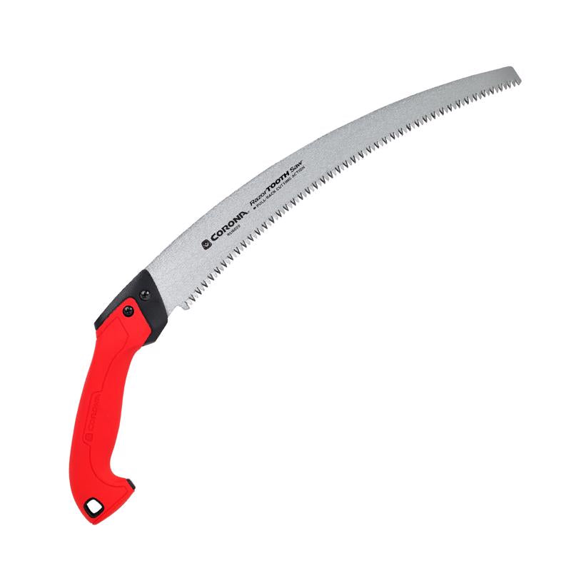Emery Jensen 14-inch curved pruning saw with sharp blade for precise cuts on branches and shrubs.
